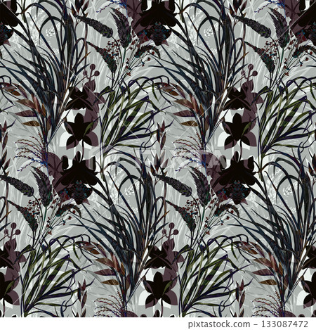 Botanical seamless pattern with graceful flowers and orchid sulhouettes for textiles 133087472