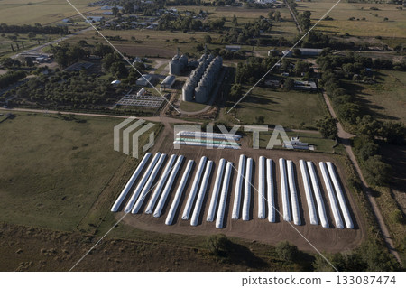 Silo bag filled with soy beans, La Pampa Province, Patagonia, Argentina. Silo bag filled with soy beans, La Pampa Province, Patagonia, Argentina. 133087474