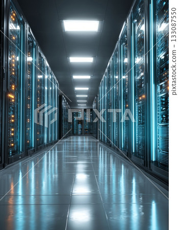 Server room aisle displaying network technology and big data Server room aisle displaying network technology and big data 133087550