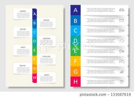 Infographic layouts with numbered steps, icons, and placeholder text for business, planning, or presentation purposes. Vector. 133087619