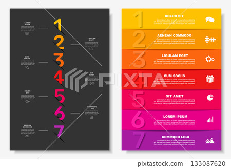Infographic layouts with numbered steps, icons, and placeholder text for business, planning, or presentation purposes. Vector. 133087620