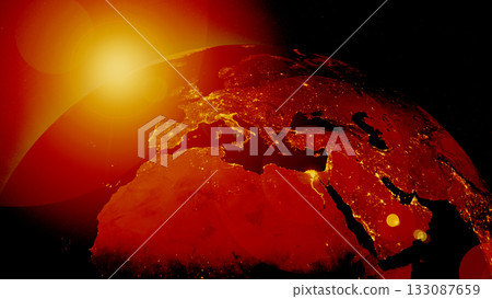 The image shows Earth from space with a focus on its intense heat, highlighting illuminated city areas at night and the bright sunlight shining down on the surface. The image shows Earth from space with a focus on its intense heat, highlighting illuminated city areas at night and the bright sunlight shining down on the surface. 133087659