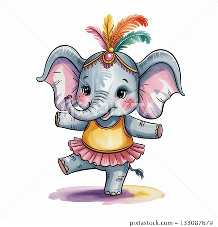 Watercolor Illustration of a Cheerful Dancing Elephant Adorned in Colorful Accessories 133087679