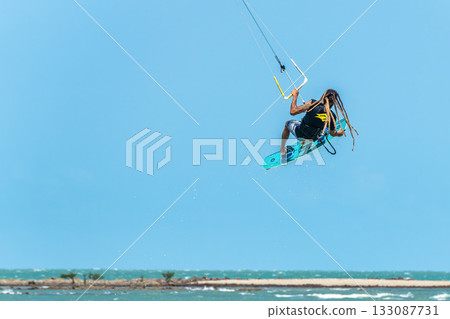 Kite surfing at Barra Grande beach on the coast of Piaui, northe 133087731