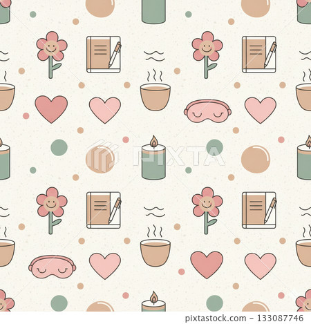 Calm pastel seamless pattern featuring hearts, flowers, candles, coffee, sleep mask, and journal. Gentle wellness theme ideal for stationery and lifestyle design. Vector illustration Calm pastel seamless pattern featuring hearts, flowers, candles, coffee, sleep mask, and journal. Gentle wellness theme ideal for stationery and lifestyle design. Vector illustration 133087746