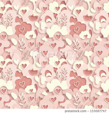Soft pink paper-cut seamless pattern with layered hearts, abstract shapes, and leaves. Romantic and gentle texture perfect for Valentines themes and packaging. Vector illustration 133087747