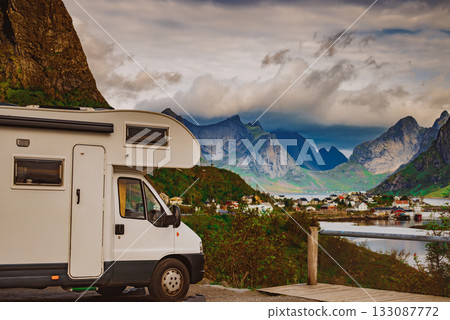 Camper car on fjord, Lofoten Norway 133087772
