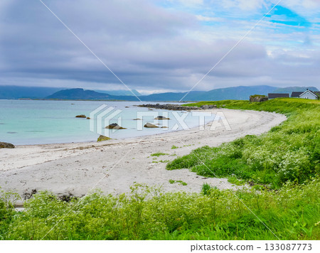 Seascape with sandy beach Lofoten Norway 133087773