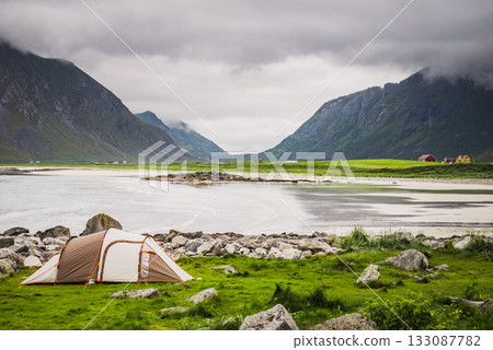 Tent on sea shore, Lofoten Norway Tent on sea shore, Lofoten Norway 133087782