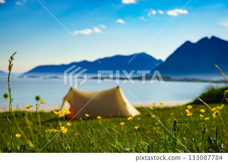 Seascape with tent on beach, Lofoten Norway Seascape with tent on beach, Lofoten Norway 133087784