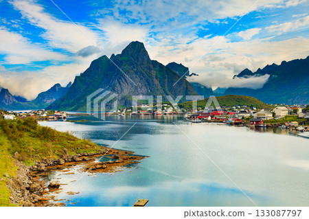 Fjord and mountains landscape. Lofoten Norway Fjord and mountains landscape. Lofoten Norway 133087797