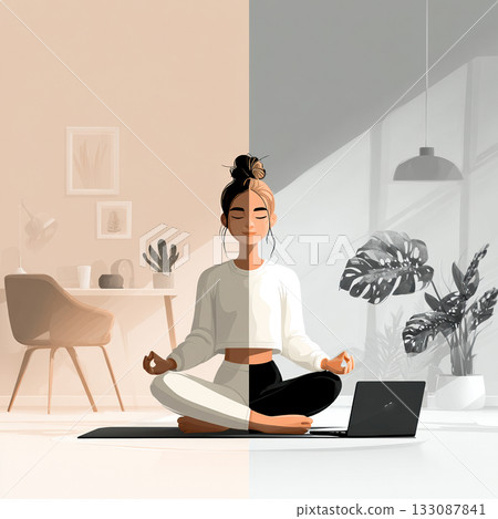 Stylish vector of young woman meditating on yoga mat beside laptop. Concept of balance, mindfulness, remote work, and mental wellbeing. Vector illustration 133087841