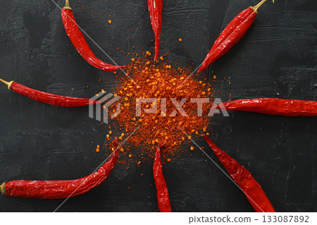 cayenne pepper on wooden spoon spices and dried chilli peppers background group of red hot chilli powder cayenne pepper on wooden spoon spices and dried chilli peppers background group of red hot chilli powder 133087892
