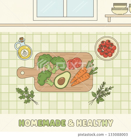 Minimal flat vector of fresh vegetables and olive oil on kitchen table. Homemade healthy meal preparation concept promoting wellness and balance. Vector illustration 133088003