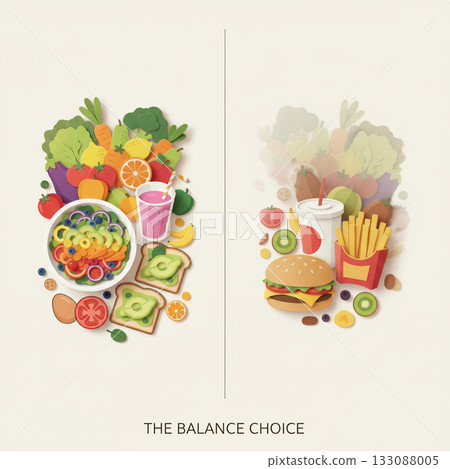 Paper cut vector illustration showing contrast between fresh healthy foods and fast food choices. Concept of balanced diet and mindful nutrition. Vector illustration 133088005