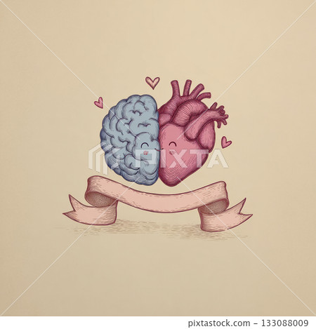 Creative vector illustration of brain and heart hugging with ribbon banner. Concept of emotional intelligence, love, and mind-heart balance. Vector illustration Creative vector illustration of brain and heart hugging with ribbon banner. Concept of emotional intelligence, love, and mind-heart balance. Vector illustration 133088009