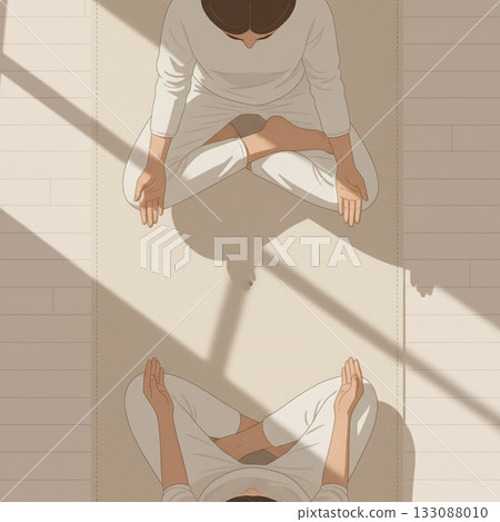 Peaceful minimal vector showing woman sitting in lotus pose meditating on mat under sunlight. Calmness, mindfulness, and balance concept. Vector illustration 133088010