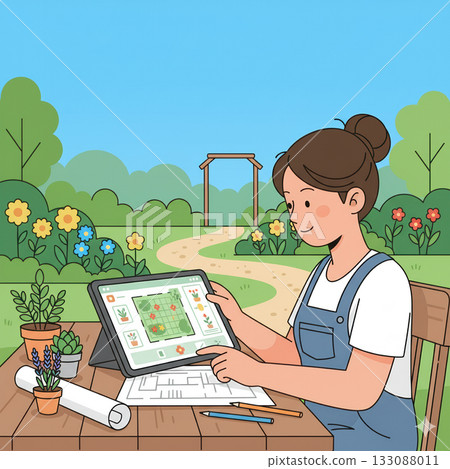 Vector illustration of young woman planning garden design on tablet outdoors. Gardening, creativity, and eco lifestyle concept in flat colorful style. Vector illustration 133088011