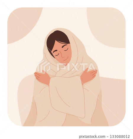 Warm minimalist vector of woman wrapped in blanket, hugging herself. Symbol of self-love, comfort, emotional healing, and calm mental wellbeing. Vector illustration Warm minimalist vector of woman wrapped in blanket, hugging herself. Symbol of self-love, comfort, emotional healing, and calm mental wellbeing. Vector illustration 133088012