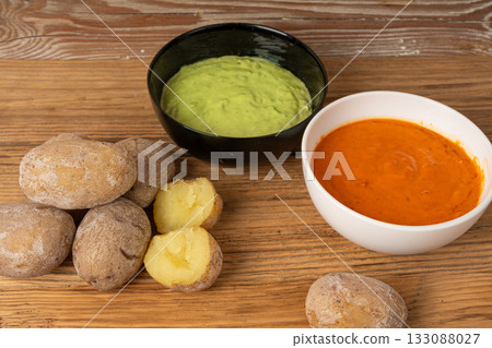 Red mojo rojo and green mojo verde sauces, traditional Tenerife dips, mojo picon dressing Red mojo rojo and green mojo verde sauces, traditional Tenerife dips, mojo picon dressing 133088027