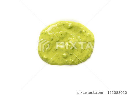 Green mojo verde sauce smear, dressing splatter drip, Canary Islands food Green mojo verde sauce smear, dressing splatter drip, Canary Islands food 133088030