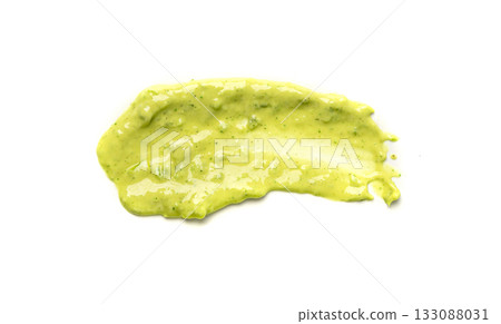 Green mojo verde sauce smear, dressing splatter drip, Canary Islands food Green mojo verde sauce smear, dressing splatter drip, Canary Islands food 133088031
