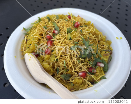 Poha Indian breakfast food. Healthy pohe rice flakes dish 133088041