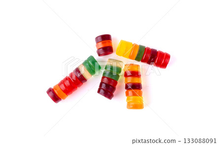 Round gummy candy pile isolated. Chewing colorful marmalade pills, jelly gumdrops heap Round gummy candy pile isolated. Chewing colorful marmalade pills, jelly gumdrops heap 133088091
