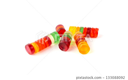 Round gummy candy pile isolated. Chewing colorful marmalade pills, jelly gumdrops heap Round gummy candy pile isolated. Chewing colorful marmalade pills, jelly gumdrops heap 133088092