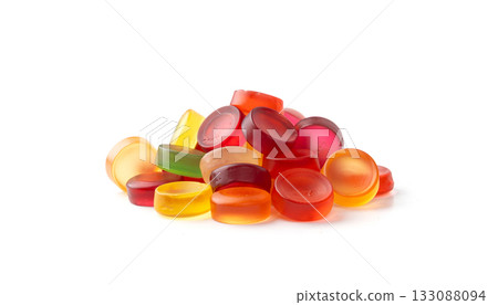 Round gummy candy pile isolated. Chewing colorful marmalade pills, jelly gumdrops heap 133088094