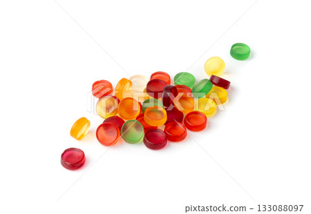 Round gummy candy pile isolated. Chewing colorful marmalade pills, jelly gumdrops heap Round gummy candy pile isolated. Chewing colorful marmalade pills, jelly gumdrops heap 133088097