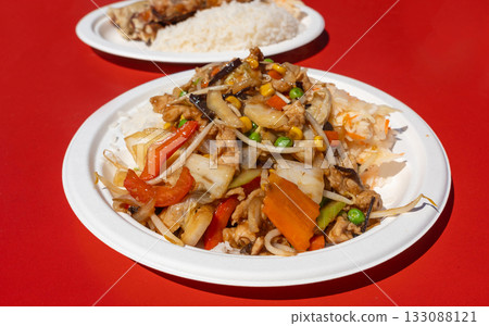 Udon Street Food, Chinese Fried Noodles, Beef Spaghetti with Vegetables, Asian Pasta Udon Street Food, Chinese Fried Noodles, Beef Spaghetti with Vegetables, Asian Pasta 133088121