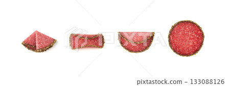 Pepper salami cuts isolated, thin sausage slices. Sliced dry chorizo, sausages round pieces 133088126