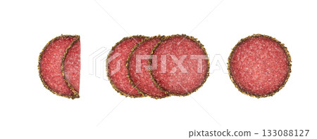 Pepper salami cuts isolated, thin sausage slices. Sliced dry chorizo, sausages round pieces 133088127