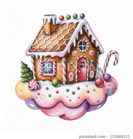 Whimsical Watercolor Illustration of a Delightful Gingerbread House Surrounded by Colorful Candies Whimsical Watercolor Illustration of a Delightful Gingerbread House Surrounded by Colorful Candies 133088151