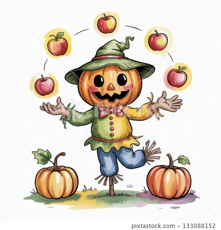 Watercolor Illustration of a Joyful Scarecrow Juggling Apples in a Fall Harvest Setting Watercolor Illustration of a Joyful Scarecrow Juggling Apples in a Fall Harvest Setting 133088152