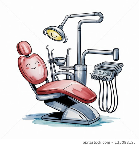 Charming Watercolor Illustration of a Smiling Dental Chair With Tools and Lamp in a Bright Setting 133088153