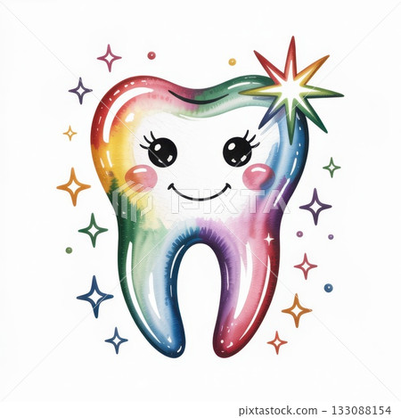 Colorful and Playful Watercolor Illustration of a Smiling Tooth With Sparkles and Stars Colorful and Playful Watercolor Illustration of a Smiling Tooth With Sparkles and Stars 133088154