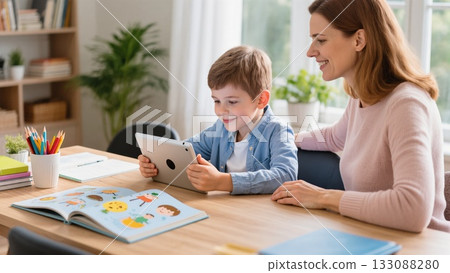 Engaging Learning Experience Between Mother and Child With Technology in Cozy Home Setting 133088280
