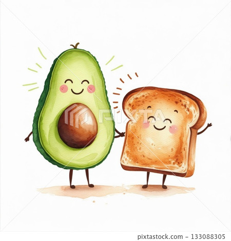 Cute Avocado and Toast Characters Smiling Together in a Cheerful, Colorful Illustration Cute Avocado and Toast Characters Smiling Together in a Cheerful, Colorful Illustration 133088305