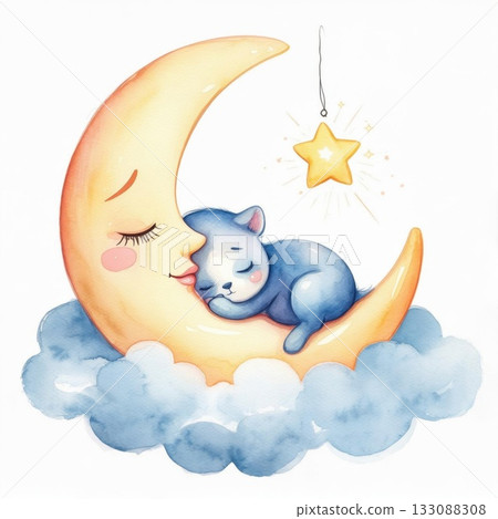 Dreamy Night Scene With a Moon and a Sleeping Cat Under a Starry Glow in a Soft Pastel Setting 133088308