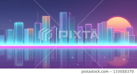 Synthwave landscape of a neon-lit futuristic city 133088370