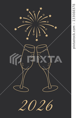 Festive New Year 2026 celebration illustration with two champagne glasses clinking together and bright fireworks above, perfect for holiday greeting cards, party invitations, event decorations 133088378