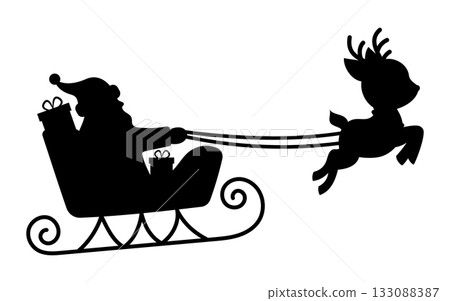 Silhouette illustration of Santa riding in a sleigh pulled by a reindeer, carrying gifts, festive Christmas holiday graphic for seasonal greeting cards, prints, decor and celebration projects Silhouette illustration of Santa riding in a sleigh pulled by a reindeer, carrying gifts, festive Christmas holiday graphic for seasonal greeting cards, prints, decor and celebration projects 133088387