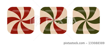 Set of peppermint candy swirl icons in vintage Christmas colors. Festive holiday sweet peppermint design elements for winter decorations, packaging, greeting cards, prints, seasonal graphic projects Set of peppermint candy swirl icons in vintage Christmas colors. Festive holiday sweet peppermint design elements for winter decorations, packaging, greeting cards, prints, seasonal graphic projects 133088389