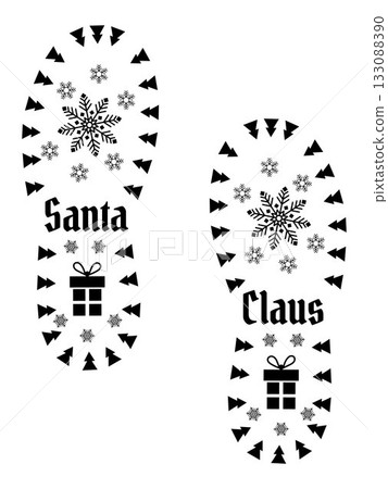 Christmas Santa Claus footprints with snowflakes and gift symbols isolated. Festive holiday print design for decoration, greeting cards, posters, or winter patterns Christmas Santa Claus footprints with snowflakes and gift symbols isolated. Festive holiday print design for decoration, greeting cards, posters, or winter patterns 133088390