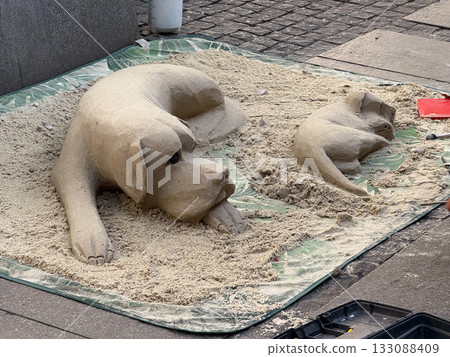 Sand dog and puppy sculpture on city street under creation. Handmade art, patience, and expression of street craftsmanship culture. 133088409