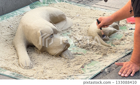 Sand sculpture of dog and puppy created by street artist. Artistic performance, creativity, and craftsmanship expression in urban environment. 133088410