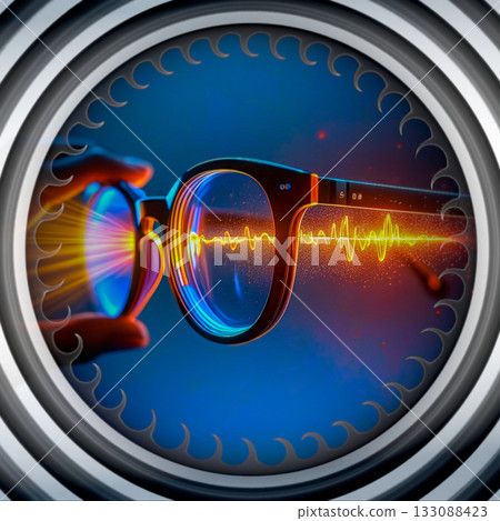 Sensory perception through augmented lenses. Modern glasses with augmented reality capabilities displayed through a circular frame. Sensory perception through augmented lenses. Modern glasses with augmented reality capabilities displayed through a circular frame. 133088423