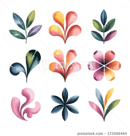 Colorful floral and leaf patterns creating a vibrant design suitable for various decoration projects 133088464